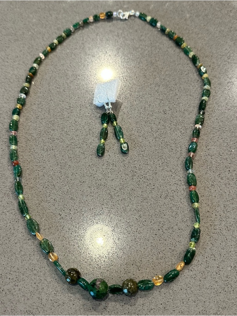 Handcrafted Green Aventurine (?) Bead Necklace and Earrings Set new